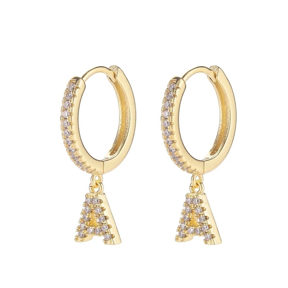 New 18K Gold Vermeil Sterling Silver 925 Crystal Letter A Hoops earrings set